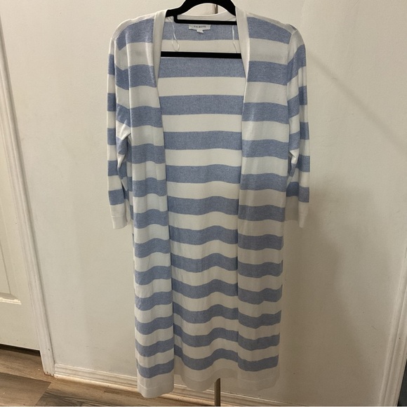 Sweaters - Talbots Blue White Straps Long Cardigan Size M
